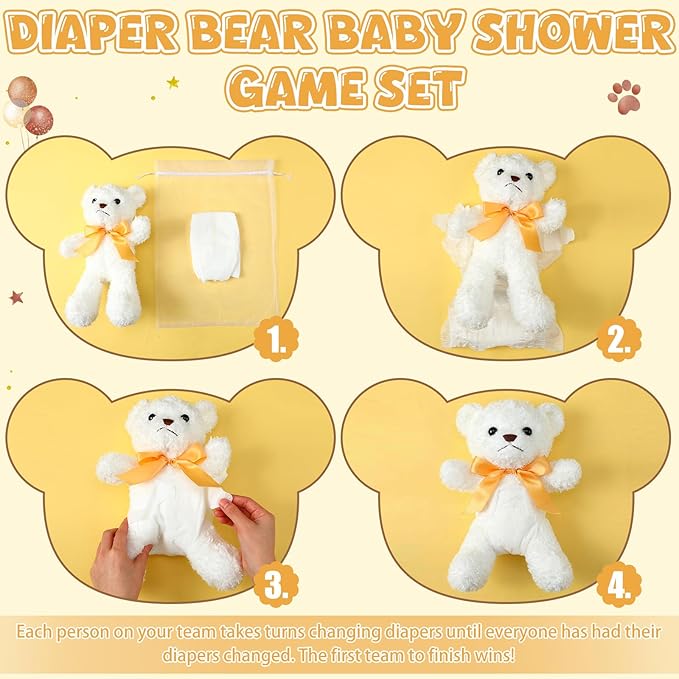 6 Sets Bear Blindfolded Diaper Changing Baby Shower Games Baby Dolls Diapers for Bridal Shower Gender Reveal Games Prizes Gifts for Adults Boys Girls (White)
