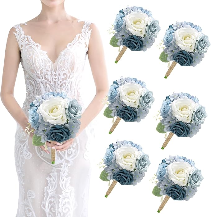 Artificial Bridesmaid Bouquets Set of 6-7 Inch Silk Bouquets for Bridesmaids, Pre-Made Small Wedding Bouquet Fake Flowers for Bridal Shower, Table Centerpieces, PartyDecor - Dusty Blue