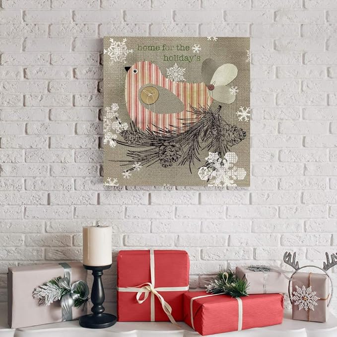 Renditions Gallery Home for the Holidays Bird Wall Art, Cute Christmas & Winter Decor, Pine Cones & Snowflakes, Premium Gallery Wrapped Canvas, Ready to Hang, 40 in H x 40 in W, Made in America