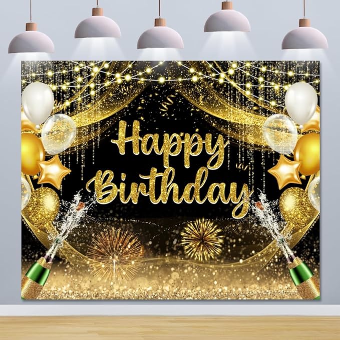 ChloropLastid Happy Birthday Backdrop 10x8ft Black and Gold Vinyl Birthday Photography Background Banner for Party Decoration Supplies