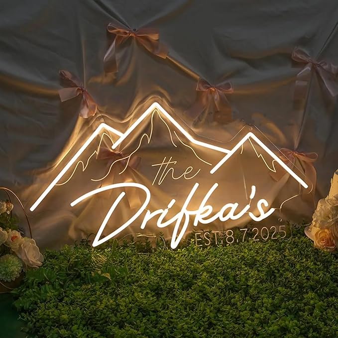 Custom Mountain Theme Wedding Neon Sign Personalized Family Name Established LED Neon Light Wedding Engagement Grass Wall Backdrop Decor Home Wall Décor