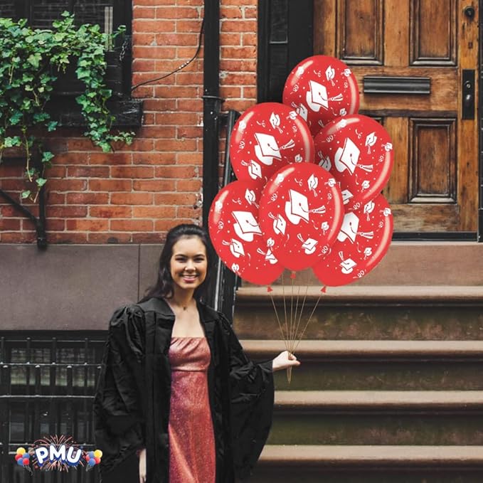 PMU 100 Pcs Red Graduation Balloons Class of 2025 with All-Over Print White Grad Caps-Confetti and Streamers | Graduation Party Supplies | Congratulations Grad Latex Balloons Latex