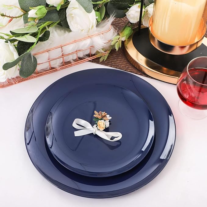 PULOTE 100PCS Blue Plastic Plates - Heavy Duty Navy Blue Disposable - Include 50PCS 10.25inch Dinner & 50PCS 7.5 inch Dessert/Salad Plates - Ideal for Party & Labor Day