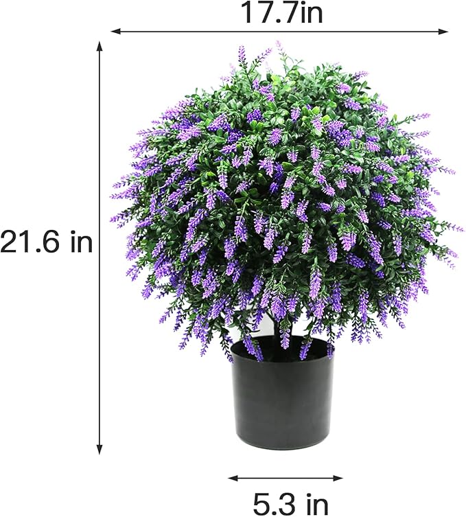 Sunnyglade 21.6” Tall Artificial Lavender Topiary Ball Tree Set of 2 Pack Potted Bushes UV Resistant Potted Plants for Indoor Outdoor Home Garden(Purple)