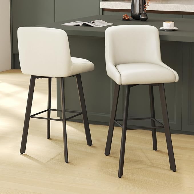 Swivel Bar Stools, 29''H Upholstered Barstools with Backs, Modern Counter Height Bar Stool Chairs for Kitchen Island, Metal Legs (Beige- Faux Leather, Set of 2-29" H)