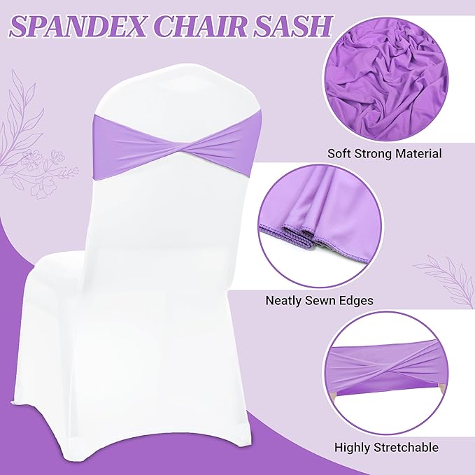 VDS Pack of 75 PCS | Lavender | Spandex Chair Sashes Bows Without Buckle | Stretch Elastic Banquet Universal Folding Chair Band Tie with for Wedding Party Conference Celebration Event Decoration