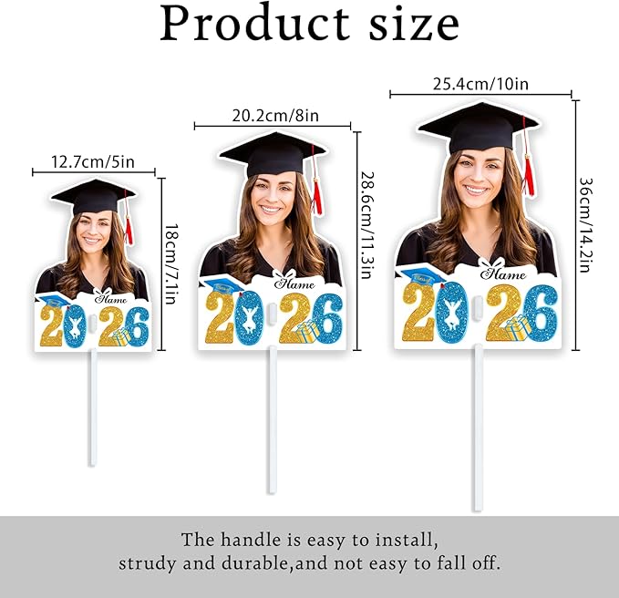 Personalized Graduation Face Fan 2026 Grade Custom Double Sided Face Cutout Fan with Handle Photo Booth Prop Party Supplies(B-Sky Blue and Gold,12pcs)