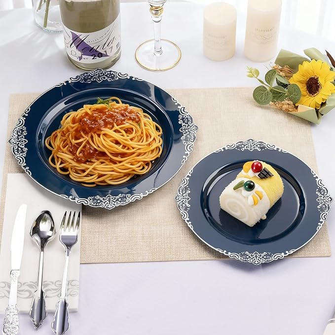 175PCS Navy Blue Plastic Plates for 25 Guests, Disposable Plates with Gold Trim include 25 Dinner and Dessert Plates, 75 Gold Silverware, 25 Cups, 25 Napkins for Party, Wedding & Graduation