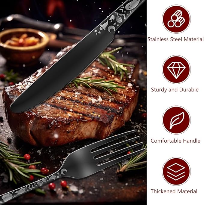 XIAOYU 40 Piece Halloween Gothic Skull Pattern Silverware Set, Stainless Steel Flatware Set for 8, Tableware Cutlery Set with Unique Skull Design, Perfect for Halloween Easter and Christmas, Gold