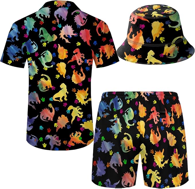 Men's Hawaiian Shirt and Shorts Set 2 Piece Beach Outfits with Bucket Hats for Beach Days and Summer Vibes