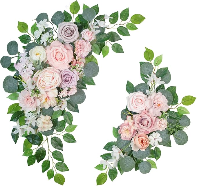 Faux Flowers Wedding Welcome Signs Floral(Pack of 2)，Wedding Arch Flowers Swag for Decorations and Reception Backdrop Decoration (Pink)