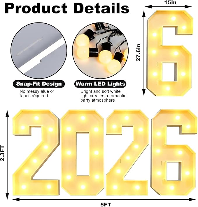 2.3 FT LED Light Up Number Sign - Class of 2026 Marquee Letters, Christmas & New Year Graduation Decor for Indoor Outdoor Celebration & Photo Backdrop