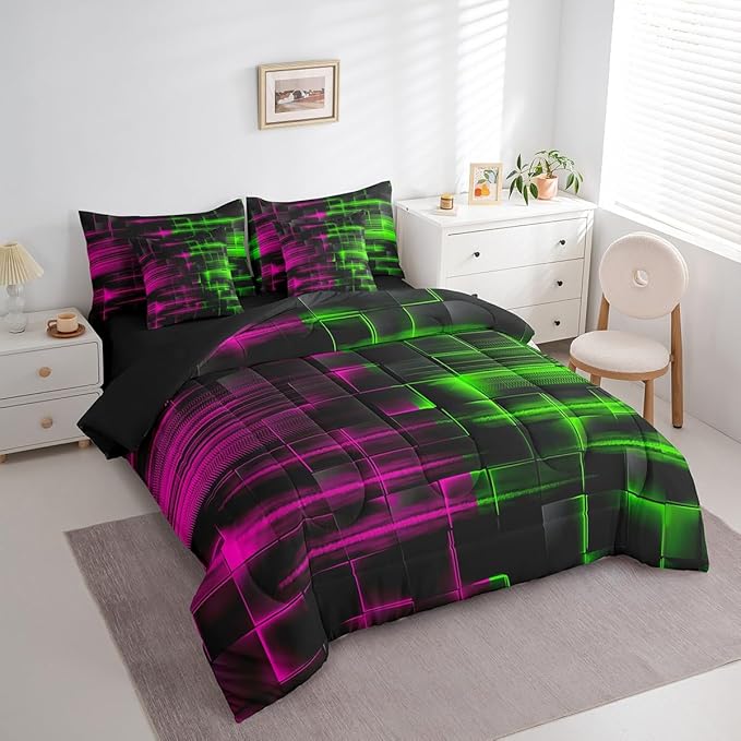 Feelyou Green and Rosered Comforter Set with Sheets 7 Piece Twin Size Kids Geometric Bed in a Bag Strip Lines Bedding Set Abstract Art Bed Set with Comforter, Sheets,Cushion Covers