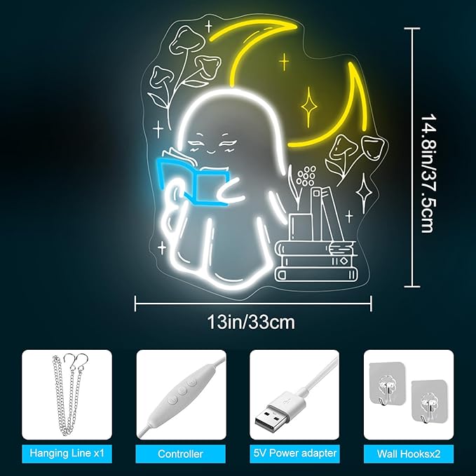 Ghost Reading Book Neon Sign Boo Reading Books Bedroom LED Lights Wall Decoration Neon Sign Decoration, Gift for Bookworm, 14.8"x13", Ice Blue