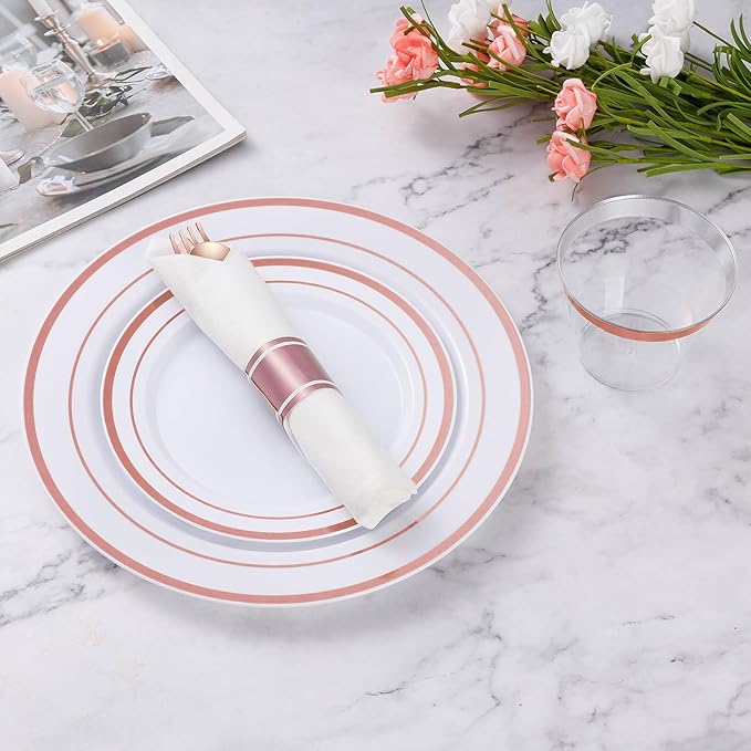Goodluck 100 Pack Pre Rolled Rose Gold Plastic Silverware, Wrapped Cutlery Set with Napkin Include 100 Forks, 100 Knives, 100 Spoons and 100 Napkins, Fancy Disposable Silverware for Party, Wedding