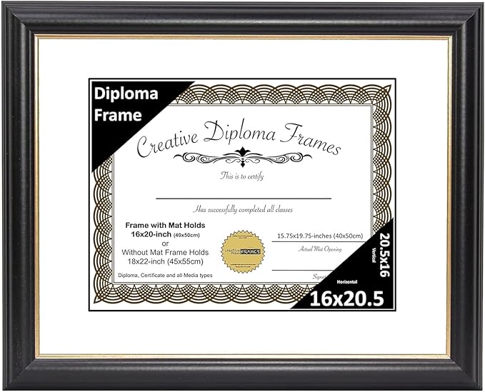 Creative Picture Frames 16" x 20.5" Rockefeller Black w/Gold Rim Diploma Frame, Displays 16" x 20.5" Certificate or 18" x 22" Document w/o Mat, College Degree Frame, Full-Strength Glass, White Mat