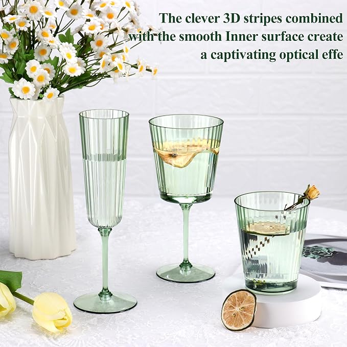 24 PCS Green Plastic Wine Glasses with Removable Stems 13.5 Oz Ribbed Wine Glasses Square White Wine Glass Muted Pastel Colors Goblets Elegant Fluted Glassware for Wedding Anniversary Birthday