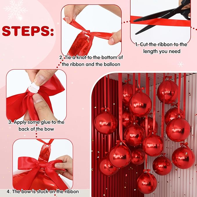 Jenaai 30 Set Valentine's Day Round Foil Balloons Bulk 22 Inch 4d Metallic Giant Balloons Set with Satin Bows Ribbon for Ceiling Holiday New Year Birthday Wedding Party Decoration(Red)