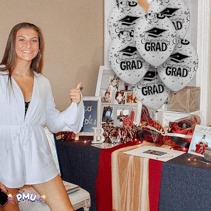 PMU 100 Pcs Silver Graduation Balloons Class of 2025 with All-Over Print White Grad Caps-Confetti and Streamers | Graduation Party Supplies | Congratulations Grad Latex Balloons Latex