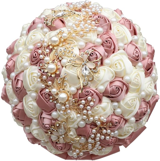 Handmade Wedding Bride Bridesmaid Bridal Bouquet Rose Holding Toss Artificial Flowers Bouquets with Satin Ribbon Pearls Rhinestone for Wedding Celebration Valentine’s Day Parties Bouquet Decor