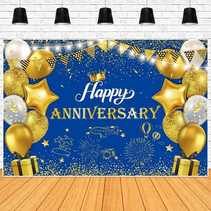 ChloropLastid Happy Anniversary Backdrop Blue Gold Anniversary Decorations for Party Banner 50th 60th Anniversary Birthday Wedding Supplies Photo Booth Props Background 10X8FT