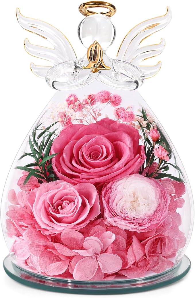 Birthday Gifts for Women Mom Preserved Roses in Glass Angel Figurines Flowers for Delivery Forever Flowers Eternal Rose Valentines Day for Grandma Sister Wife Her from Daughter