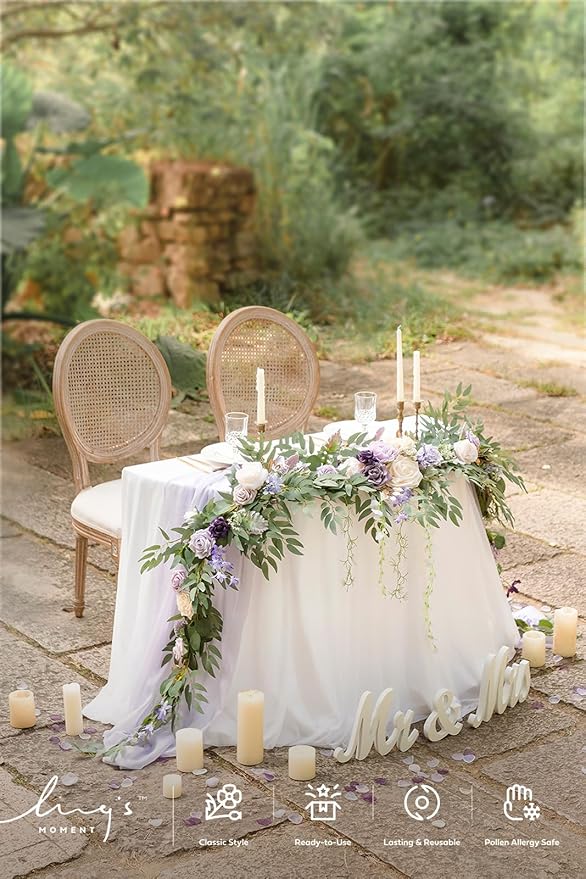 Ling's moment 9FT Flower Garland for Backdrop Decorations - Wedding Arch Flowers, Eucalyptus & Rose, Artificial Floral Garland for Mantel - Sweetheart Table Decor for Ceremony Reception, Lilac & Gold