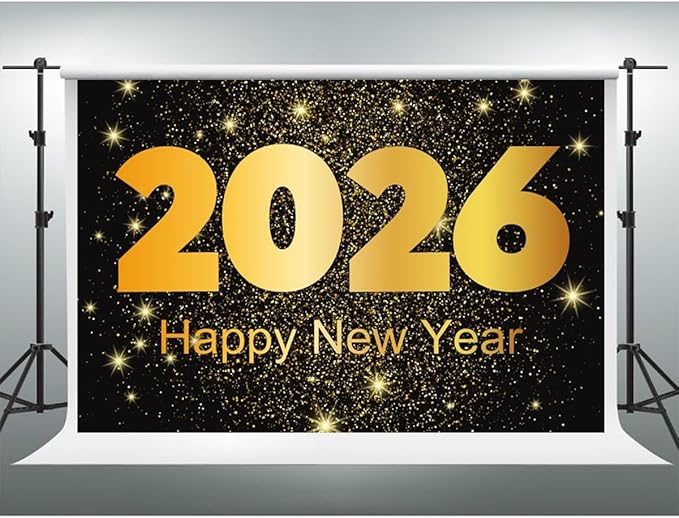 YongFoto 2026 Happy New Year Backdrop 10x8ft Gold Photography Background Merry Christmas Night Festival Carnival Family Celebration Party Banquet Decor Banner Photoshoot Wallpaper Photo Booth
