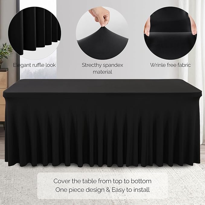 Wish Care 6 Pack Black Spandex Table Cloths for Rectangle Tables 8ft - One-Piece Wrinkle Free Fitted Table Cover 8 Foot Table Stretch Tablecloths for Party, Banquet, Wedding and Events