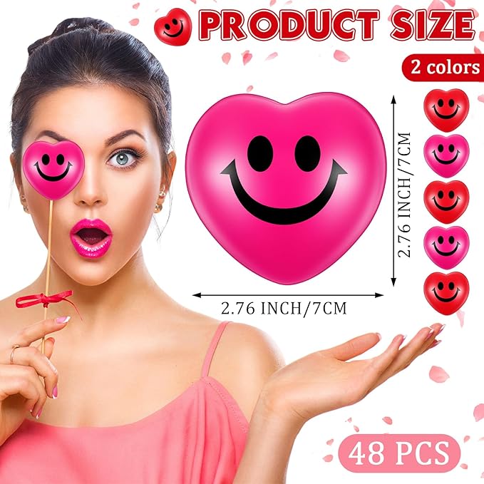 Zubebe 48 Pcs 2.76'' Valentine's Day Heart Stress Balls Heart Shaped Smile Face Ball Stress Relief Balls Valentines Day Gifts for Staff Kids Adults Party Favors School Reward(Red, Pink)
