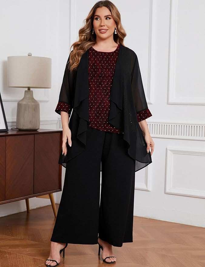ZOMVA Plus Size 3 Piece Formal Pantsuit Sparkly Chiffon Jacket Set Dressy Outfit Mother of The Bride Groom Wedding Cocktail