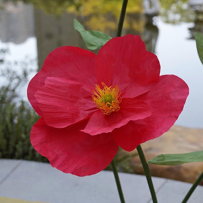 Large Paper Artificial Flowers,Giant Flowers for Decoration,Huge Handcrafted Poppy Fake Flowers with Stand for Home Decor Bridal Shower Party Outdoors Yard Event Backdrop Decor (red)