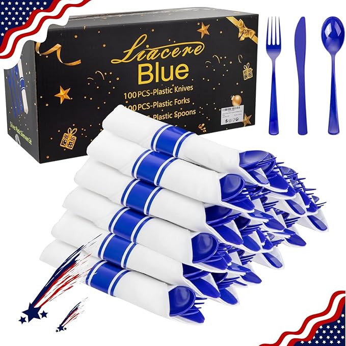 Liacere 100Pack Pre Rolled Blue Silverware and Napkin-Disposable Blue Plastic Utensils-Plastic Cutlery Set with Napkin:100 Forks,100 Knives,100 Spoons,100 Napkins for Wedding&Martin Luther King Jr Day