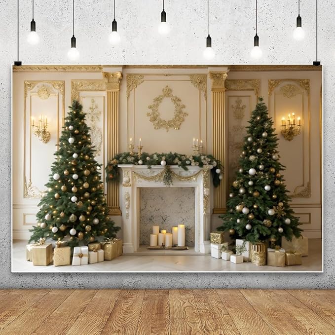 YongFoto Christmas Fireplace Backdrop 10x8ft Room Christmas Trees Classic Retro Wall Photography Background New Year Xmas Eve Family Winter Holiday Party Banner Photoshoot Wallpaper Photo Booth