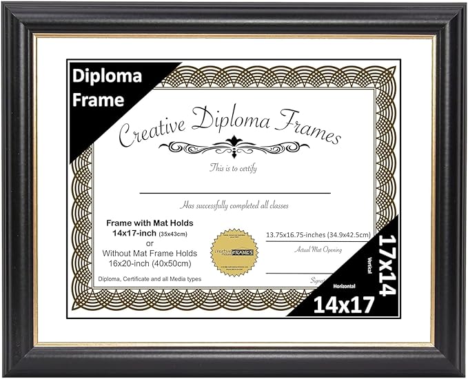 Creative Picture Frames 14" x 17" Rockefeller Black with Gold Rim Diploma Frame, Displays 14" x 17" Certificate or 16" x 20" Document without Mat, College Degree Frame, Full-Strength Glass, White Mat