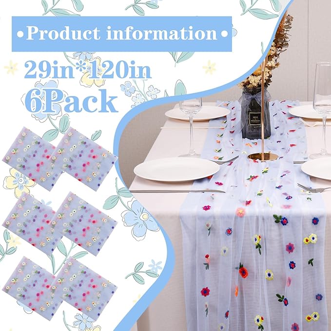 6PCS Blue Floral Table Runner 10 FT, Embroidery Daisy Table Runners Seasonal Spring Summer Sheer Tulle Dining Table Decor for Home Party Birthday Decor 29x120 Inch ﻿