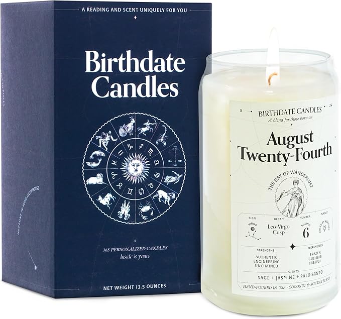 Birthdate Candles, August 24 - Virgo Zodiac Scented Candles Birthday Gift - Sage, Jasmine & Palo Santo Scent - All-Natural Soy & Coconut Wax, 60-80 Hour Burn Time - Made in USA