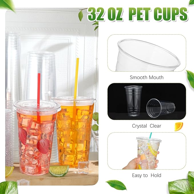 Hushee 500 Sets 32 oz Clear Plastic Cups with Lids and Individually Wrapped Straws Disposable PET Cups for Iced Coffee Cold Drinks Smoothie Juice Parfait Milkshake Parties