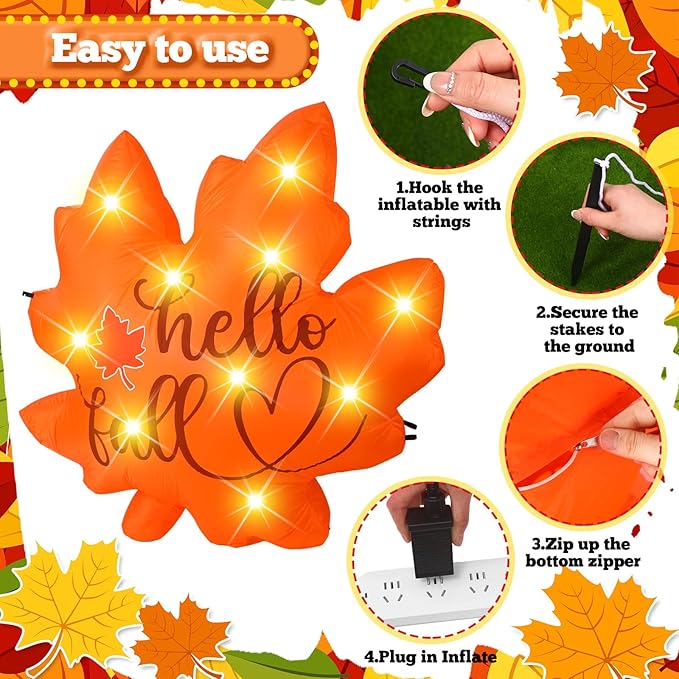 VIHOSE Thanksgiving Inflatable Decorations 5. 25 ft Fall Blow up Decor Fall Maple Leaves LED Lights Inflatable Decoration for Autumn Harvest Indoor Outdoor Yard Garden Lawn Party