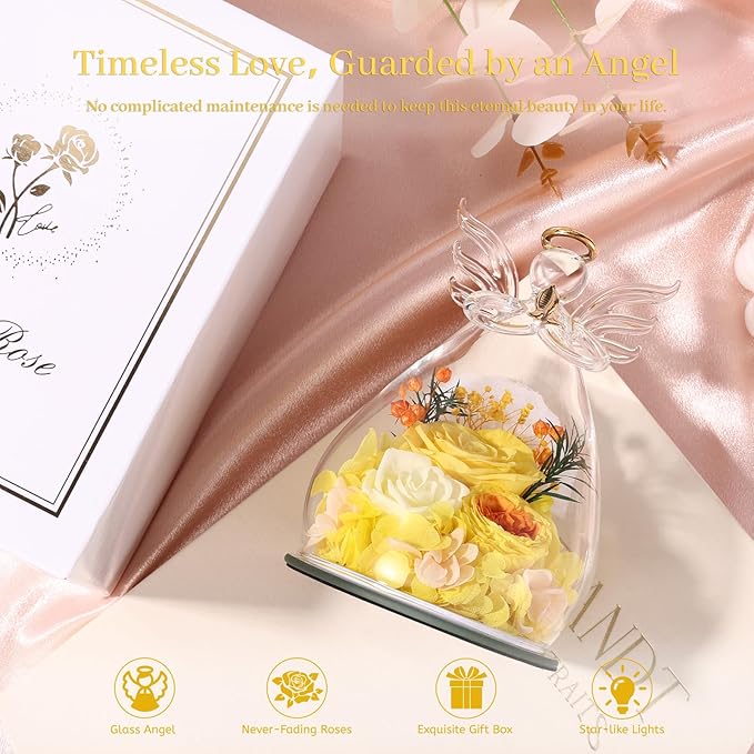 Birthday Gifts for Women Mom Preserved Rose in Glass Angel Figurines Fresh Flower for Delivery Forever Flowers Eternal Rose Valentines Day for Grandma Sister Wife Her from Daughter