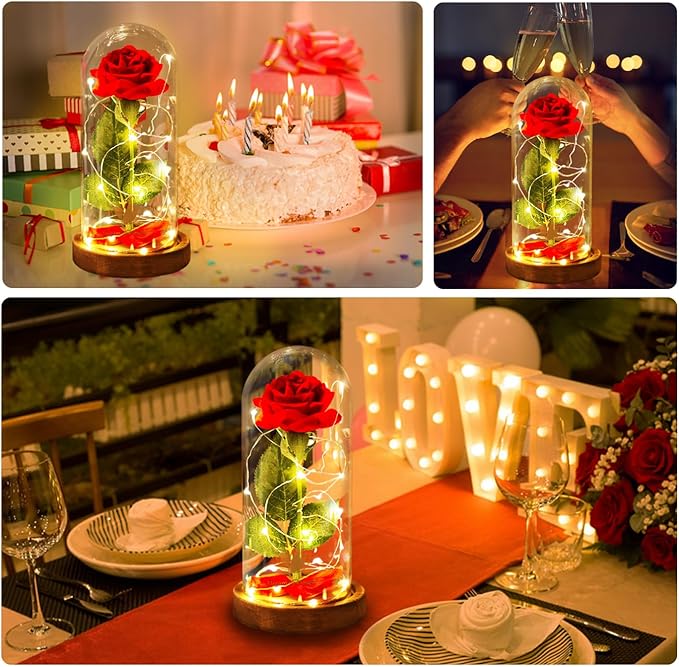 Valentines Day Gifts for Her Beauty and The Beast Rose,Red Rose in Glass Dome with 2 Lights Modes, Valentines Flower Gifts for Women Mom Wife Girlfriend on Valentines Anniversary,Birthday,Wedding