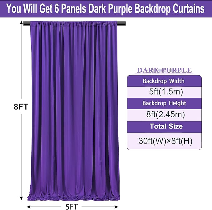 30×8ft Wrinkle Free Dark Purple Backdrop Curtain for Mermaid Birthday Party, 6 Panels 5ft×8ft Soft Silky Polyester Purple Photo Backdrop Drapes for Baby Shower Wedding Engagement Photography