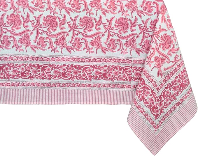 ATOSII Red Bloom 100% Cotton Tablecloth, Handblock Print Rectangle Table Cover for Kitchen Dining I Tabletop Linen I Parties, Wedding, Spring Summer Table Cloth 60 X 108 Inches