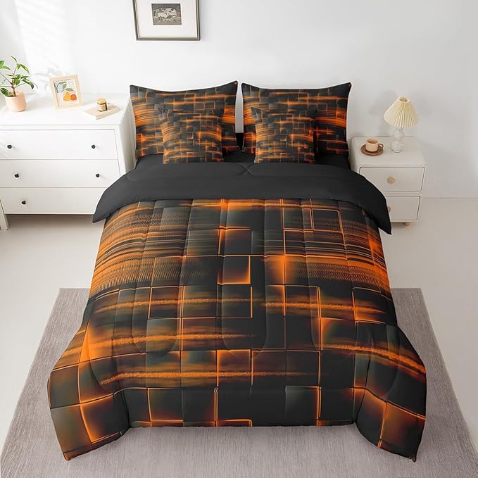 Feelyou Orange Black Bedding Set Twin Size Boys Girls Geometric Strip Lines Comforter Set with Sheets 7 Piece for Bed in a Bag Abstract Modern Bed Set with Comforter,Sheets,Pillowcases