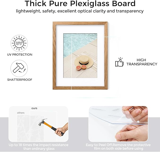 Axeman 8x10 Picture Frame - Solid Oak Wood 8''x10'' Frame With Mat For 5x7, 8 x 10 Photo Frame Wood, Plexiglass And Hanging Hardware Included, Wall And Tabletop Display, Oak 3PCs
