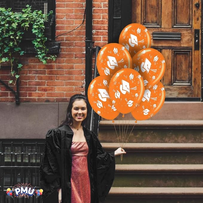 PMU 100 Pcs Orange Graduation Balloons Class of 2025 with All-Over Print White Grad Caps-Confetti and Streamers | Graduation Party Supplies | Congratulations Grad Latex Balloons Latex