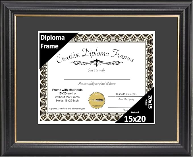 Creative Picture Frames 15" x 20" Rockefeller Black with Gold Rim Diploma Frame, Displays 15" x 20" Certificate or 18" x 22" Document without Mat, College Degree Frame, Full-Strength Glass, Black Mat