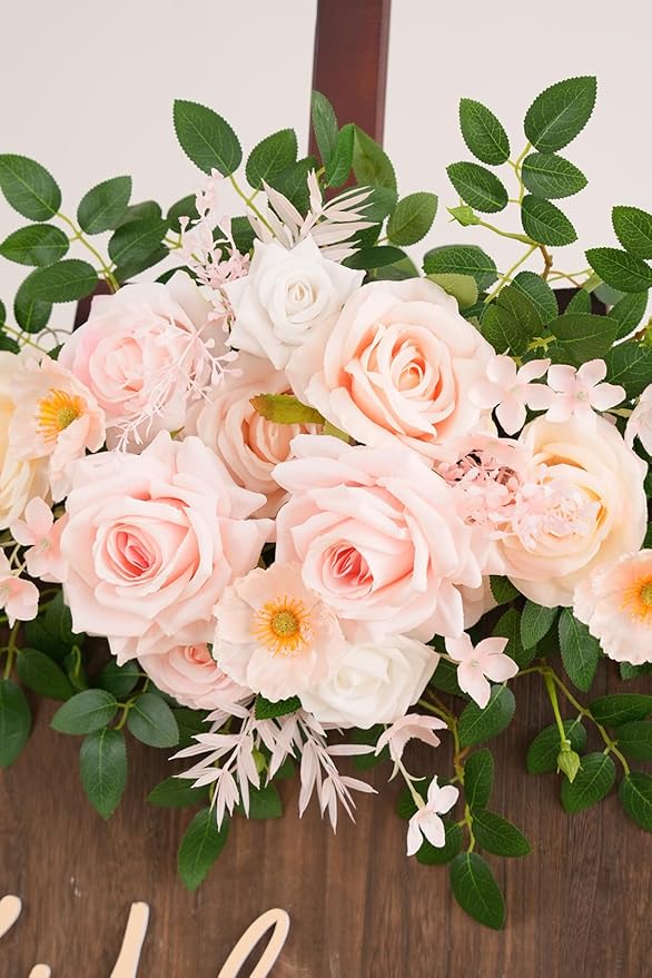 2pcs Champagne & Pink Deluxe Welcome Sign Artificial Flowers Wedding Backdrop Garland Hanging Floral Arrangements for Ceremony Reception Entryway Board Sweetheart Table