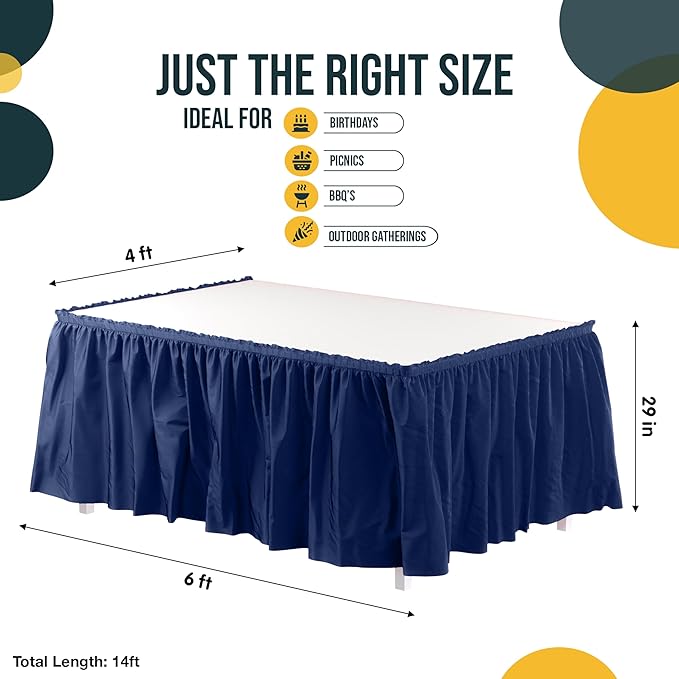 Exquisite Navy Table Skirt 12 Pack 29" X 14 Ft Long Black Table Skirts for Rectangle Tables 6ft Plus or Round Tables - Ruffle Table Skirt with Adhesive Strip - Gender Reveal Decor & Party