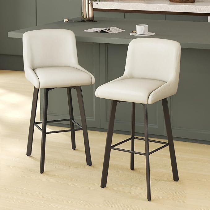 Swivel Bar Stools, 29''H Upholstered Barstools with Backs, Modern Counter Height Bar Stool Chairs for Kitchen Island, Metal Legs (Beige- Faux Leather, Set of 2-29" H)